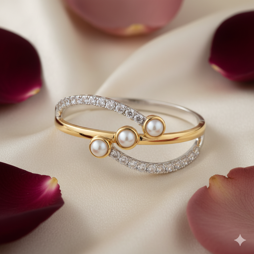 Intertwined Hearts Pearl & AD Gold-Plated Bangle